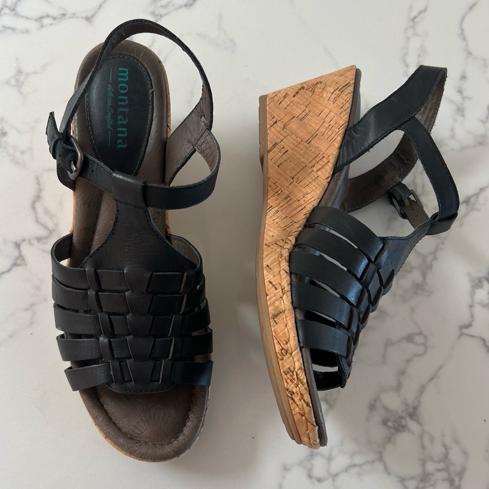 Montana Cascade Leather Cork Wedge Sandals - Size 11